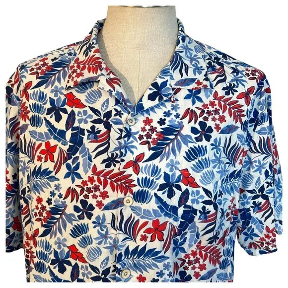 Tommy Bahama Shirt Mens XL 100% Silk Camp Hawaiian Floral Ref Blue White Button - Picture 3 of 9